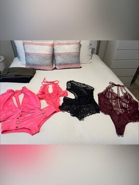 Women's Lace & Satin Intimates Set - Hot Pink, Black & Burgundy  L/XL